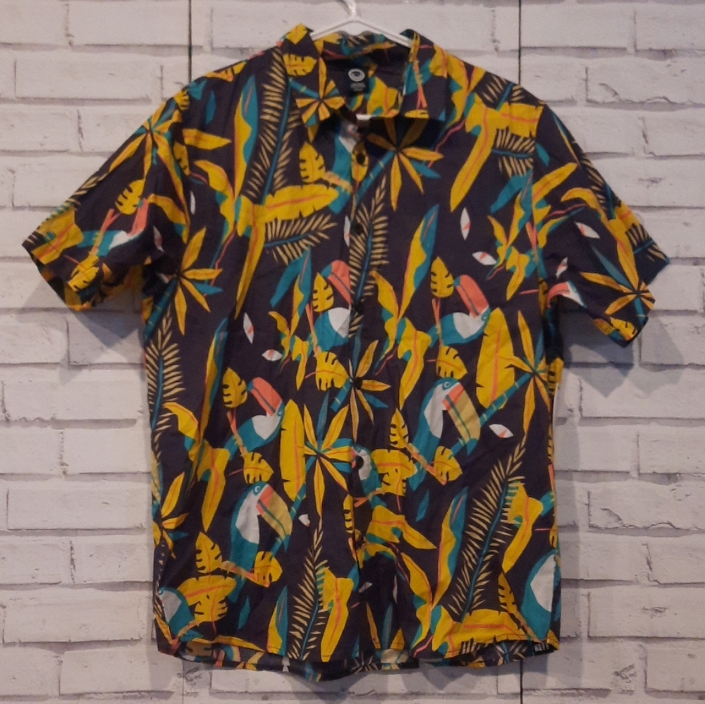 Neff Men's Size M Hawaiian Shirt Purple Yellow Toucan Beach Short Sleeve New